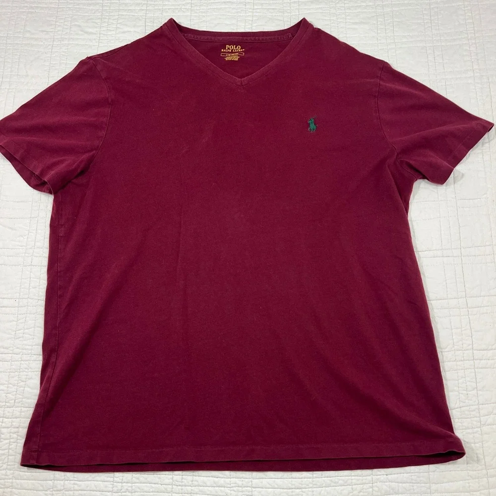 Polo Ralph Lauren Mens V-Neck‎ T-Shirt Burgundy Maroon Cotton Sz Large Pony Logo